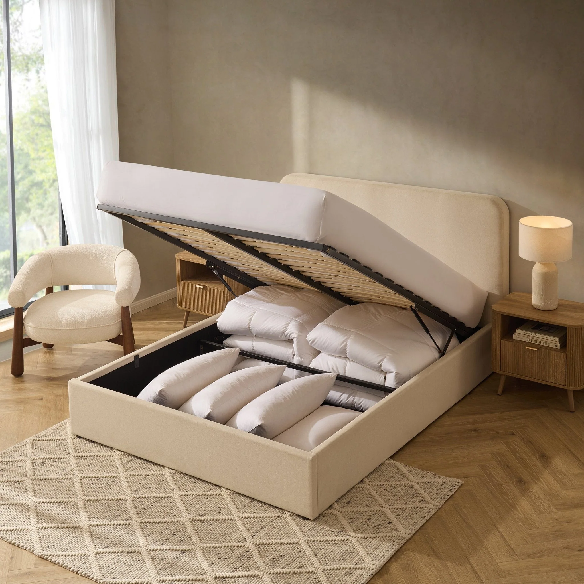 Storage Bed - Cream Linen