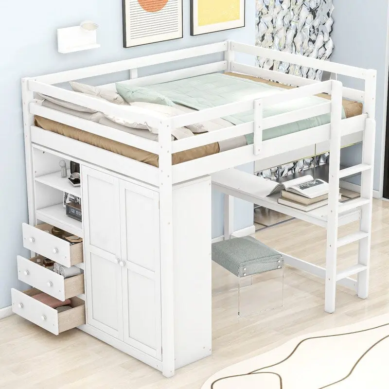 Full Size Wood Loft Bed with Built-in Wardrobe, Desk, Storage Shelves and Drawers