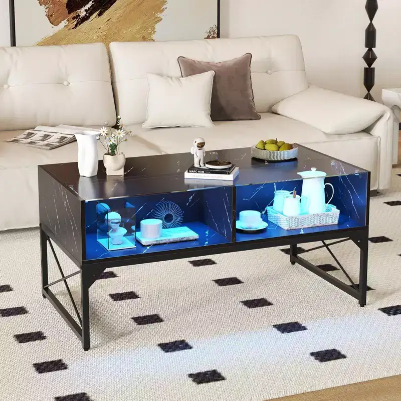 Costway LED Coffee Table with 4 Storage Cubes Faux Marble & Tempered Glass Top for Living Room Black