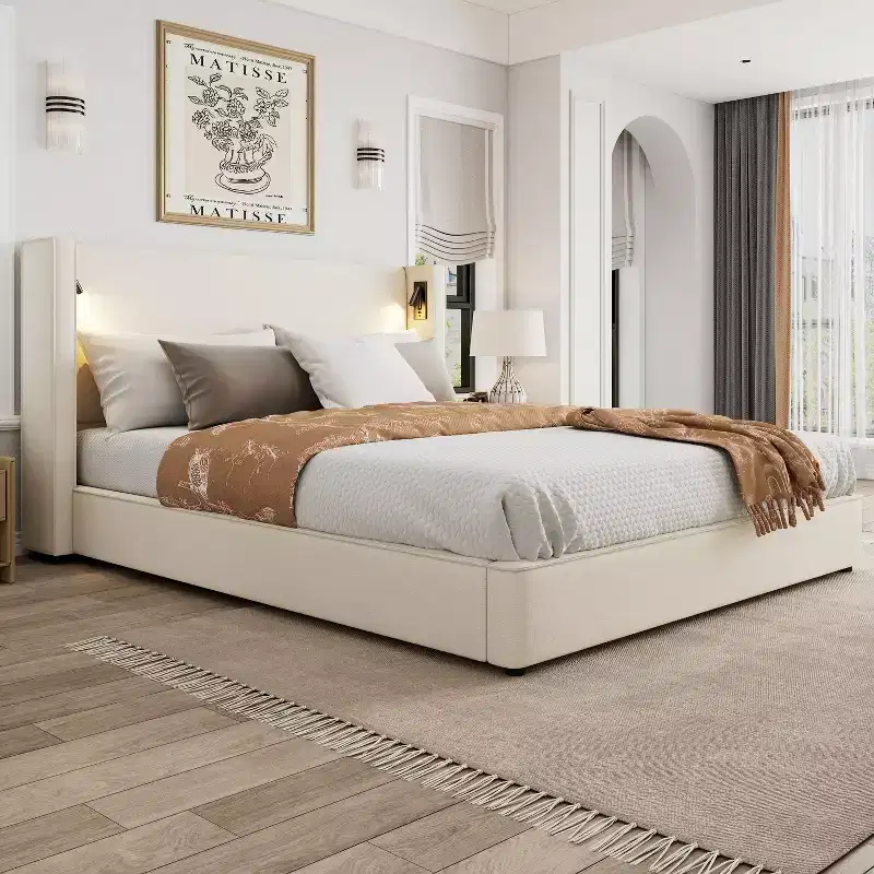 Christopher Knight Home Kanya Modern Wooden Linen Upholstered Bed Frame with High Wingback Headboard, Lamp and USB Port