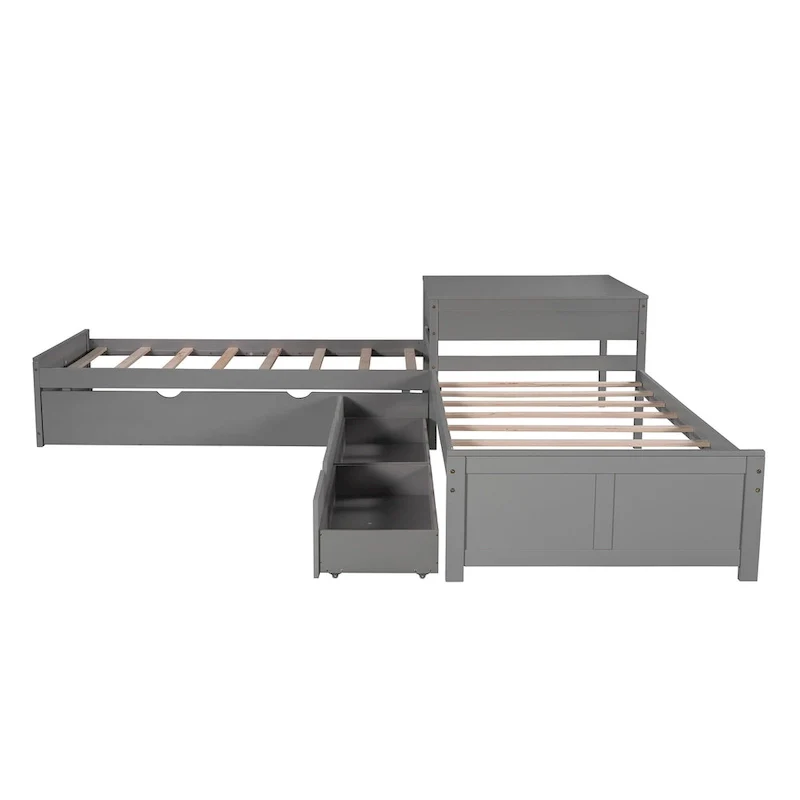 L-Shaped Bunk Bed with Trundle, Drawers, and Built-In Desk, Twin