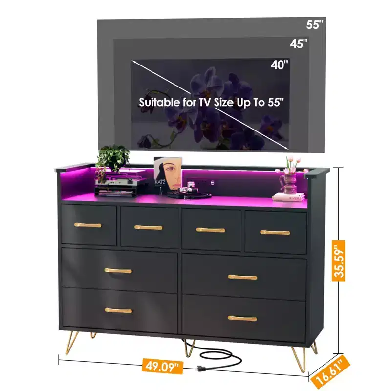 Dresser with Power Outlet and LED Lights, Wood 8 Drawer Dresser for Bedroom, Modern Chest of Drawers for Closet, Living Room