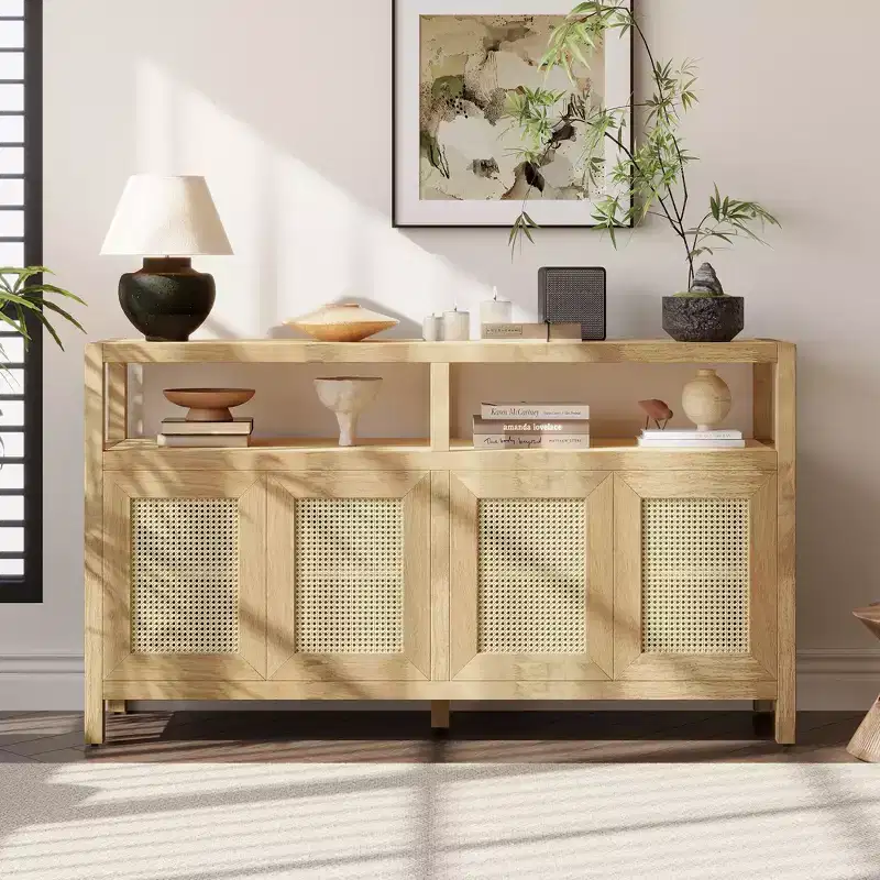 MAYEERTY Rattan Buffet Storage Cabinet with Solid Wood Frame 3 Position Adjuatable Shelves for Living Rooms Natural