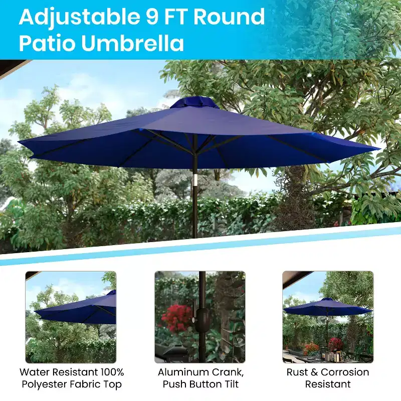 Emma and Oliver 7 Piece Patio Table Set - 4 Synthetic Faux Teak Stackable Chairs - Faux Teak Table - Umbrella with Base