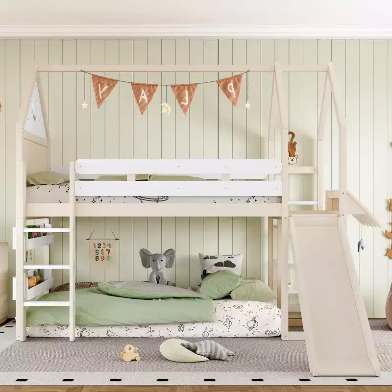House Loft Bed with Bookshelf and Slide, Solid Wood Frame with Safety Rails for Kids