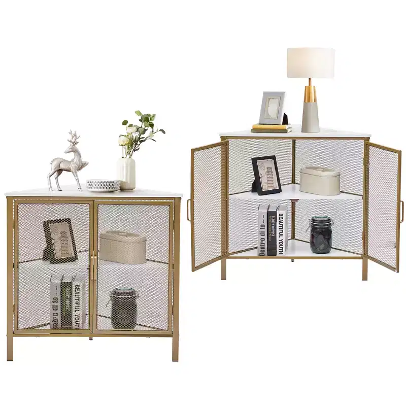 Corner Shelf Organizer, 3-Tier Display Shelves with Protection Door Metal Frame for Small Space