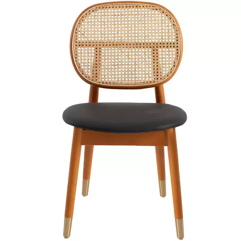LeisureMod Holbeck Wicker Dining Chair with Upholstered Leather Seat and Beech Wood Legs, Set of 4