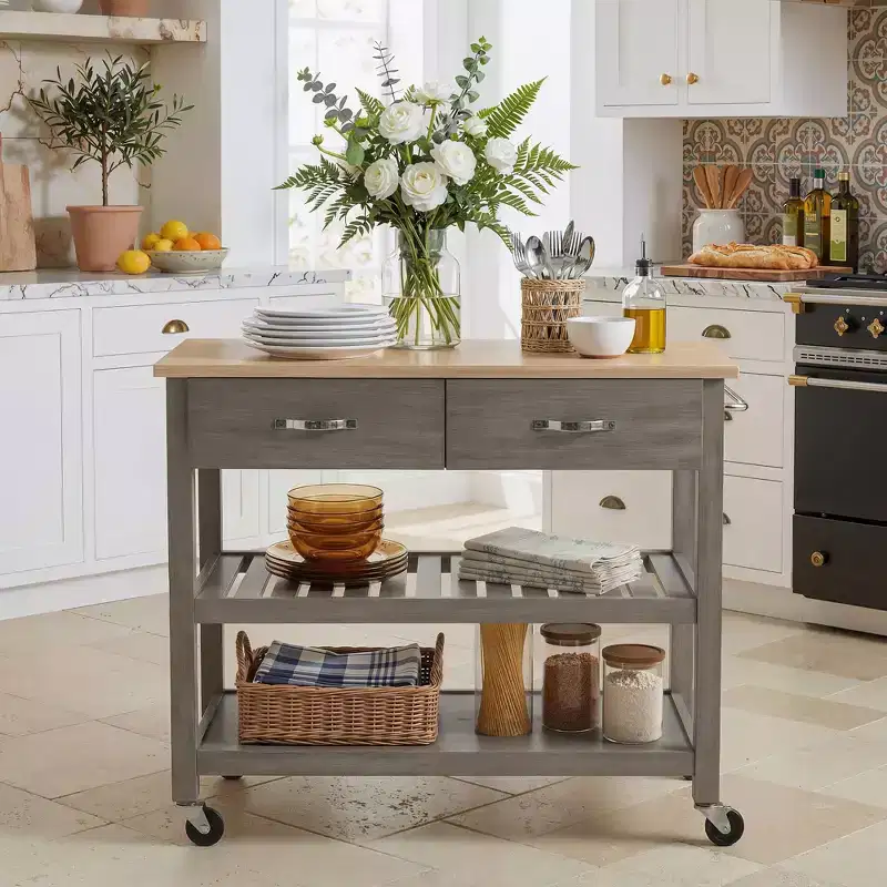 42 Solid Wood Rolling Kitchen Cart 3-Tier Kitchen Island Cart with 2 Storage Drawers Lockable Wheels & Towel Rack Mobile Kitchen Trolley