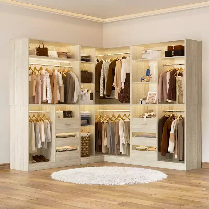 Besiost Set of 3 Corner Closet System with Tower Shelves and Drawers, Freestanding Closet Organizer with Hanging Rods