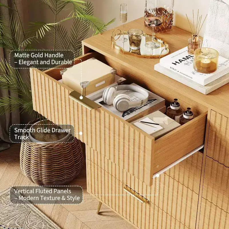 8-Drawer Fluted Wooden Dresser with Metal Handles