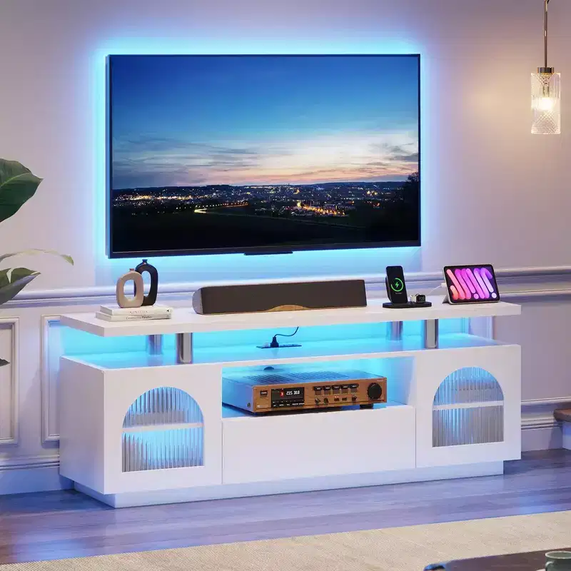Modern Entertainment Center with Power Outlets & LED Lights for 65