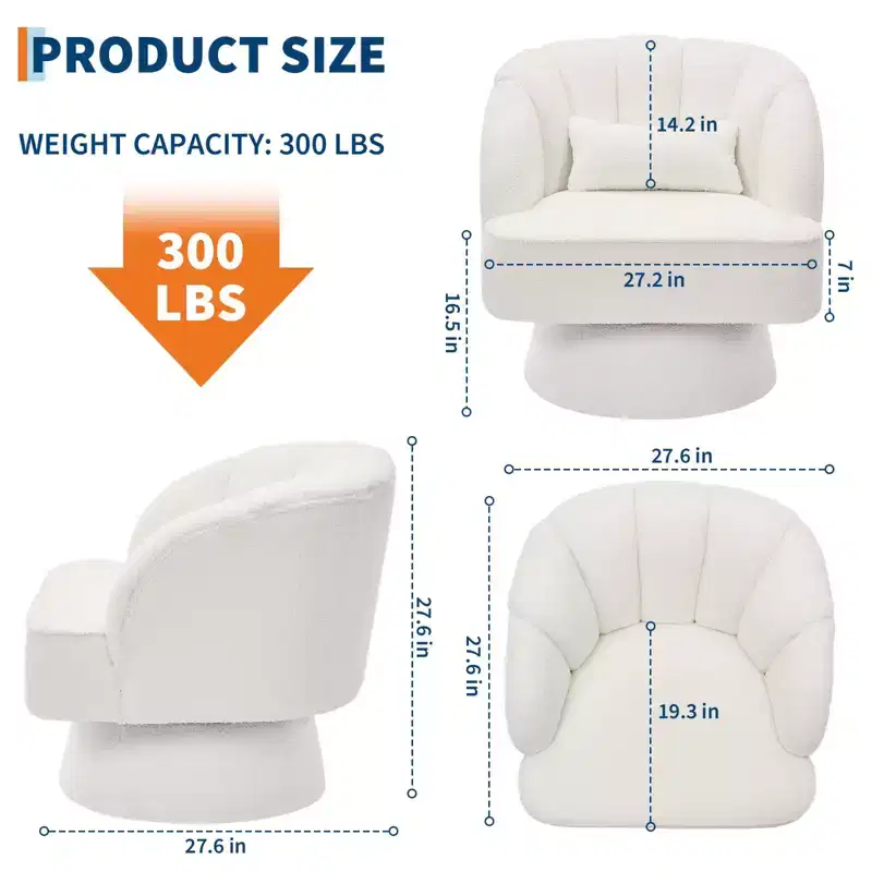 Modern 360 Swivel Barrel Accent Chair, Teddy Fleece Upholstered Armchair w/Soft Pillow, Round Reading Chair for Living Room, Bedroom