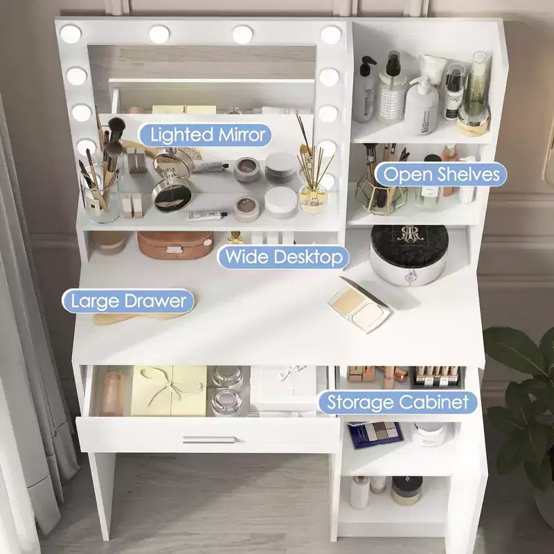 White Makeup Vanity Desk with Mirror and Lights, Cabinet and Shelf Storage, Open Shelves for Bedroom, Dimmable Lighting