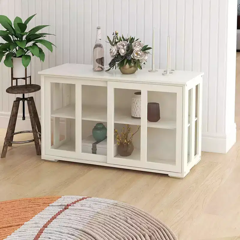 MAYEERTY White Kitchen Storage Cupboard, Glass Door Design for Display & Storage