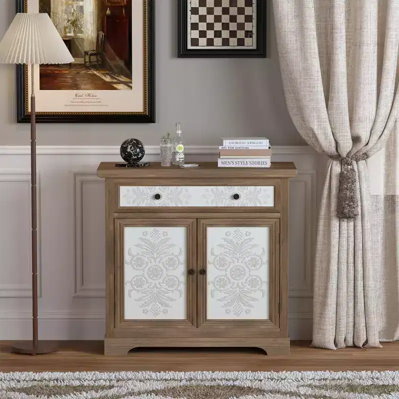 Rustic Farmhouse Accent Cabinet with Carved Floral Doors, 1 Drawer and Double-Door Storage for Living Room or Entryway