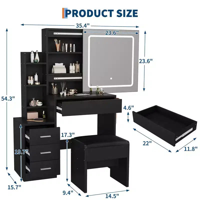 LED Lighted Vanity Set with Stool, Sliding Mirror, 4 Drawers, Open Shelves and Charging Station
