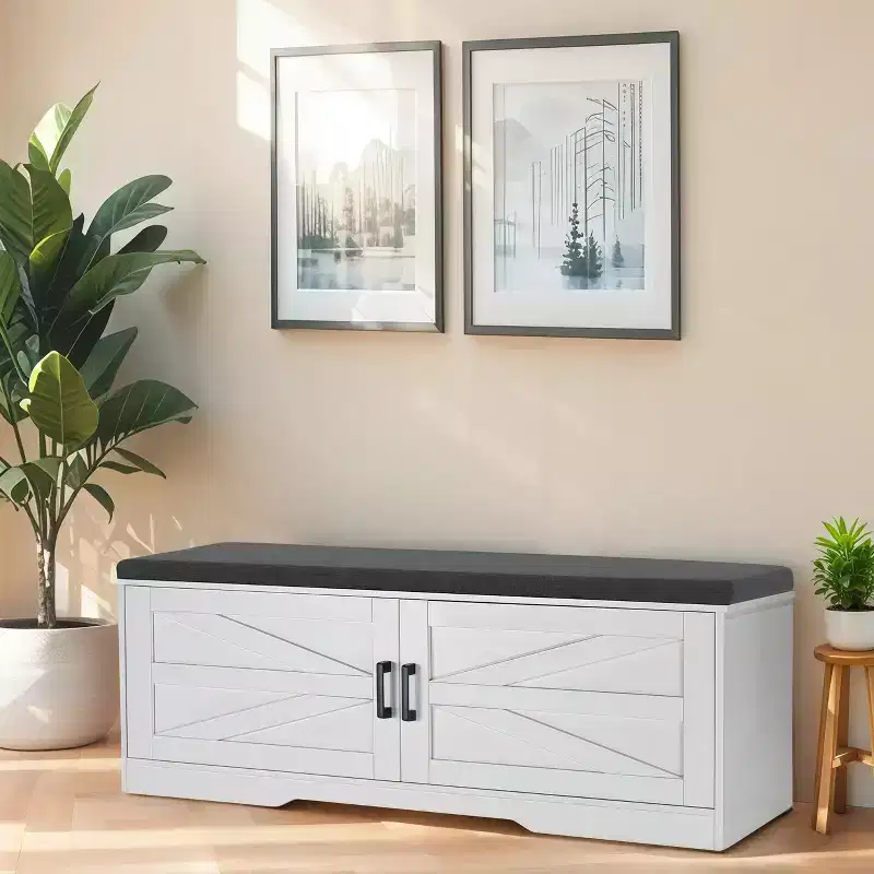 GDFStudio Meena 39W Farmhouse 2-Tier Shoe Storage Bench with Cushion