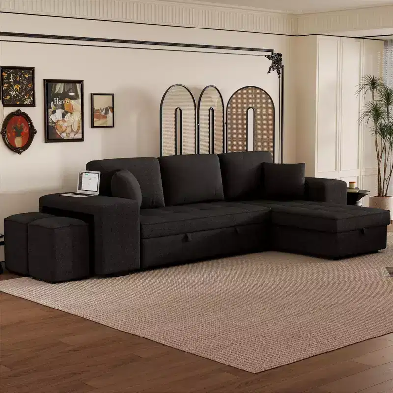 104.5 Reversible L-Shape Sectional Sleeper Sofa with Storage Chaise & 2 Stools - Convertible 3-Seat Sofa Bed for Living Room