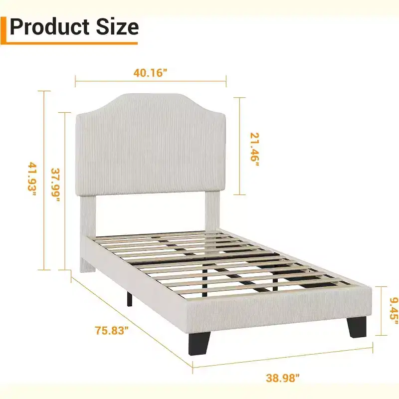 Acekool Kids Twin Bed Frame with Corduroy Headboard, Velvet Upholstered Platform, Slat Support, No Box Spring Needed, Easy Assembly