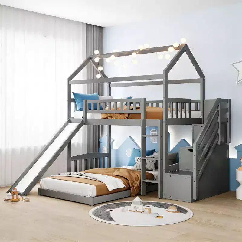 Luxystar L-shaped Bunk Bed With Storage Staircases and Slide for Kids' Room