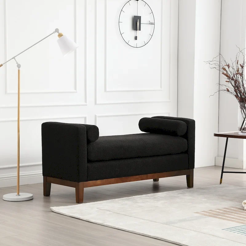 53.5W Elegant Upholstered Bench, Ottoman with Wood Legs & Bolster Pillows for End of Bed, Bedroom, Living Room, Entryway