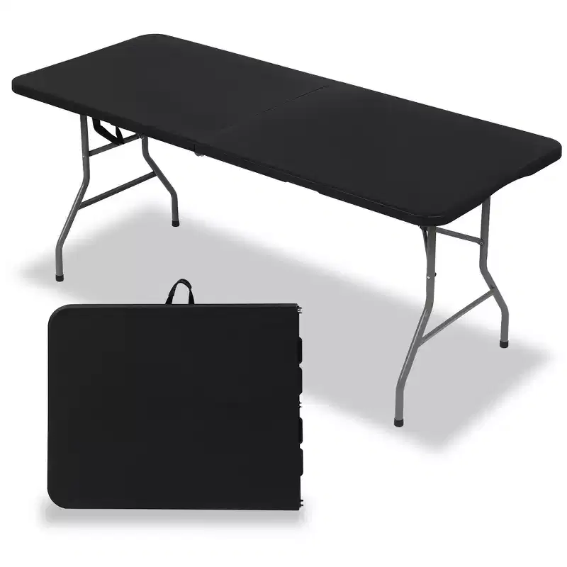 Folding Table 6 Foot Portable HDPE Plastic Indoor Outdoor Rectangular Table with Steel Legs Black