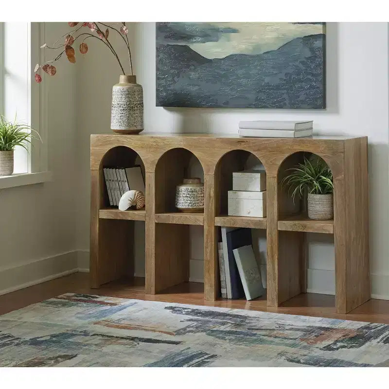 Signature Design by Ashley Luzmanacy 4-Shelf Console Table, Natural Brown Solid Mango Wood Sofa Table