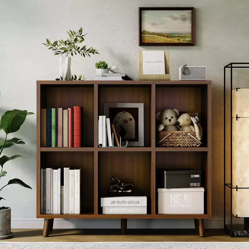 6-Shelf Bookcase with Solid Wood Legs, Redwood Finish Particle Board Storage Shelf for Living Room Office