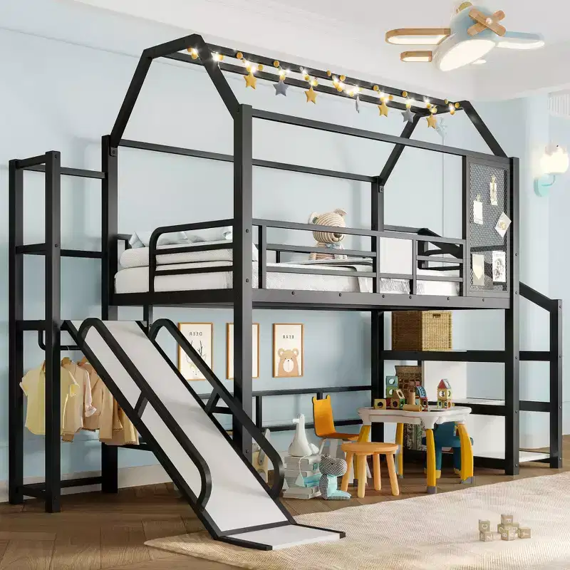 Twin House Loft Bed with Slide & Stairs – Black, Metal, 1 Child