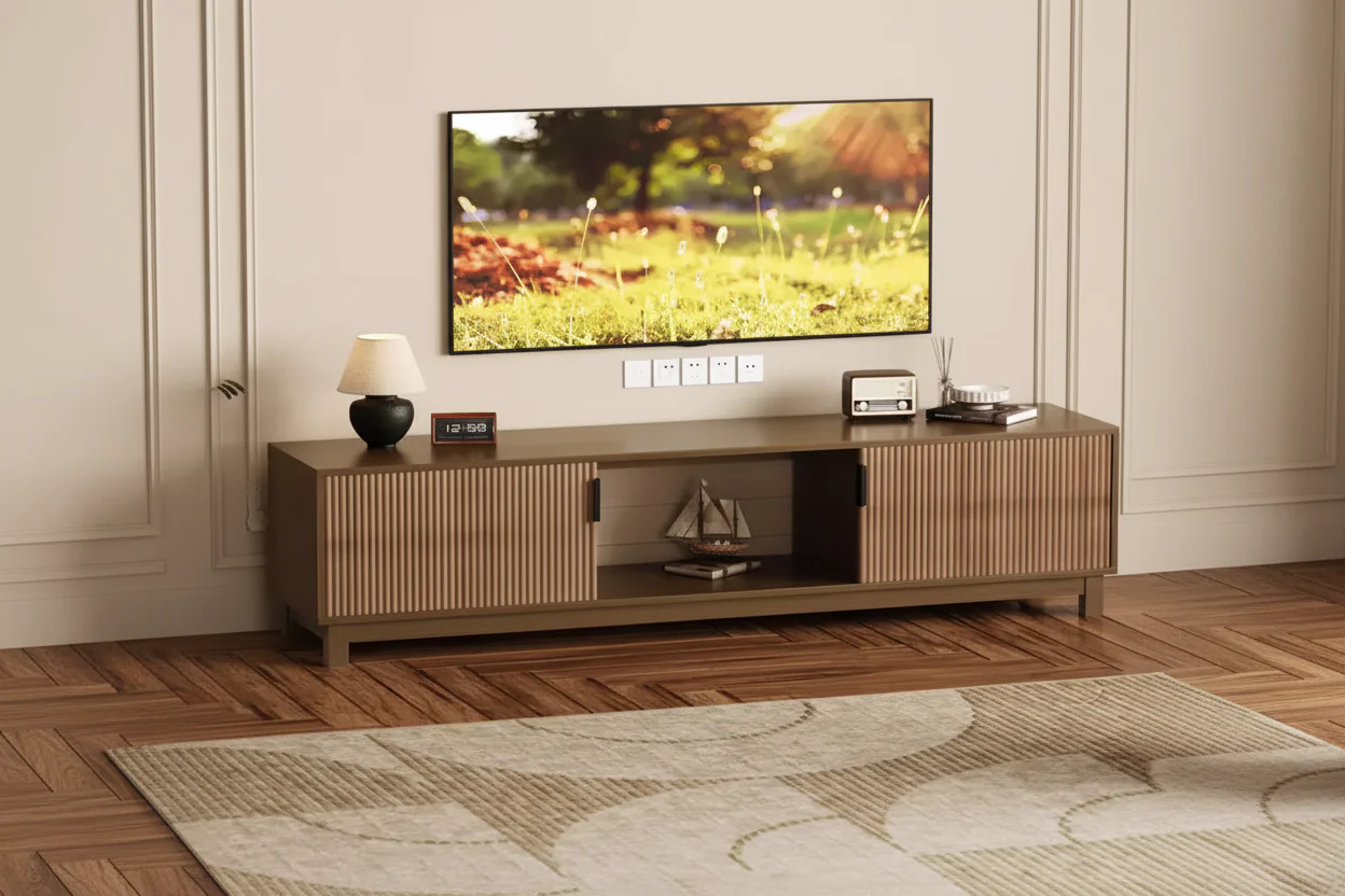 Fluted Mid-Century Modern TV Stand with Open Shelf Storage - Walnut, Fits up to 80