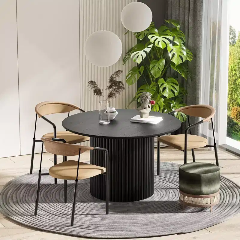 PexFix 46 inch Wood Round Dining Table Circle Kitchen Table with Wood Strip Base Modern Farmhouse Dinner Tables for Kitchen Living Room Black