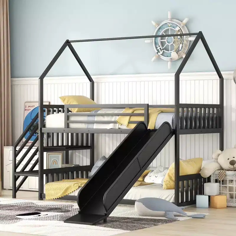 Metal Twin over Twin House Bunk Bed with Slide and Staircase, Convertible Slide and Staircase Floor Bunk Loft Bed Frame for Kids Teens