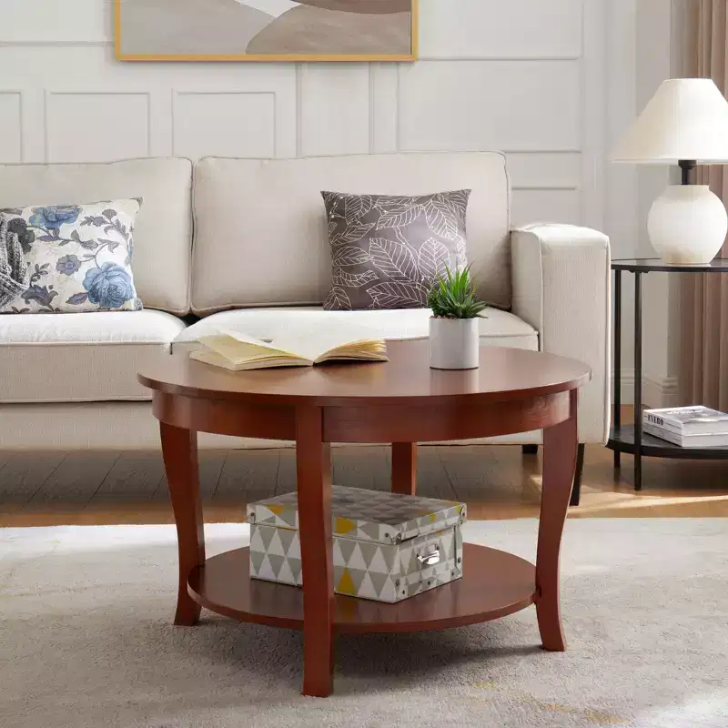 2-Tier Round Coffee Table with Open Shelf for Living Room