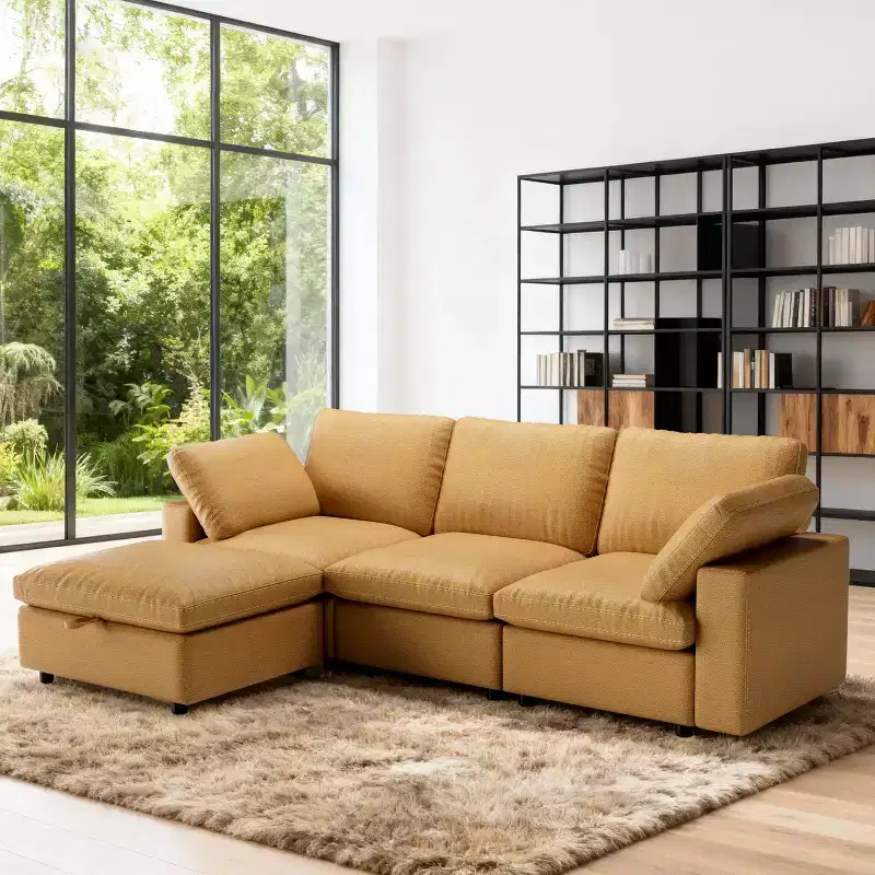 Dyonery 100 Leather Modular Sectional Sofa with Storage Ottoman, 3-Seater L-Shaped PU Leather Couch with Solid Wood Frame