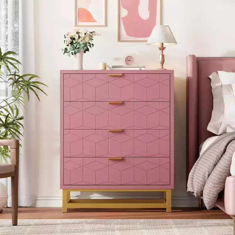 4-Drawer Dresser with Wave-Pattern Fronts and Metal Handles