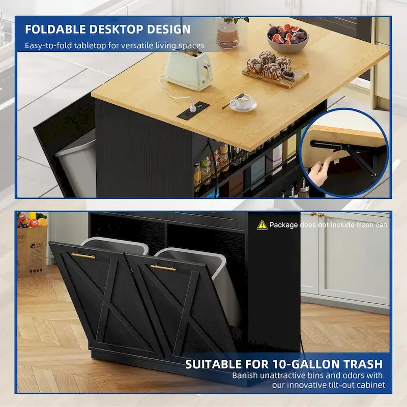 Kitchen Island Drop Leaf with Double Tilt Out Trash Cabinet