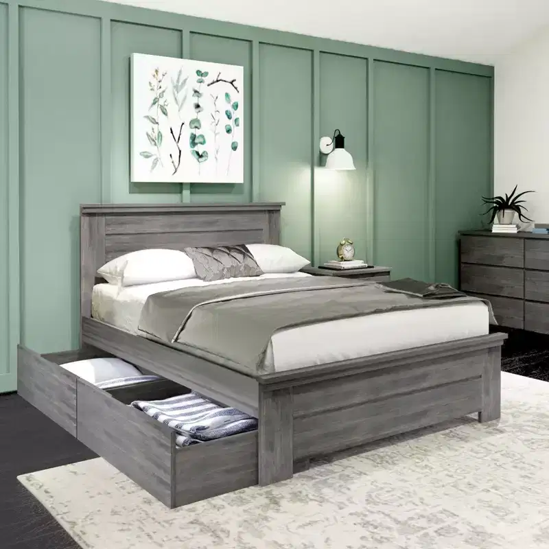 Solid Wood Farmhouse Full Platform Bed Frame with Panel Headboard and Storage Drawers