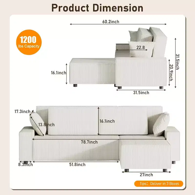 96 Inches Stripe Corduroy Sectional Sofa, Modern L Shaped Oversized Sectional Sofa, for Living Room, Apartment, Studio