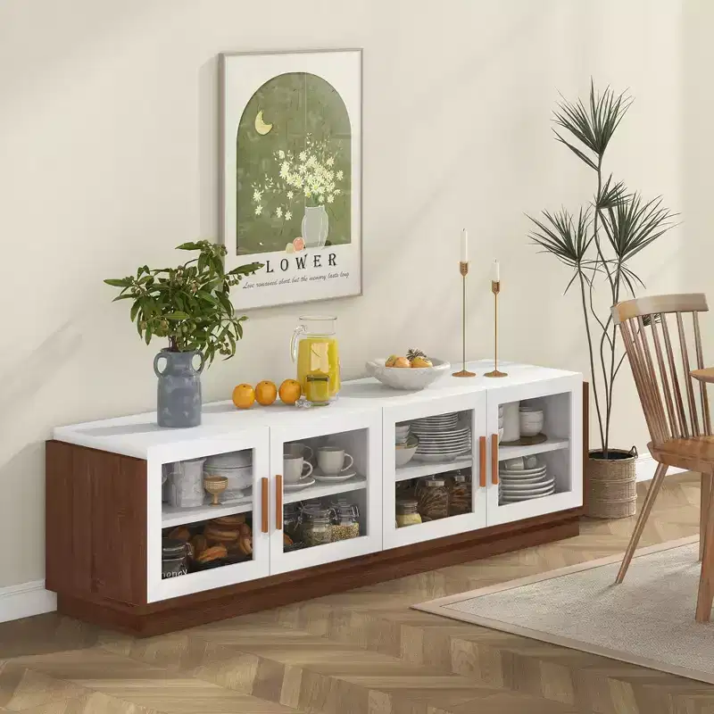 Large TV Stand for TVs up to 75 Inches with 4 Tempered Glass Doors