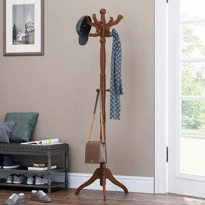 Solid Wood Coat Stand, Freestanding Hall Tree with 11 Hooks & Triple Leg Base, 121 lb Capacity for Entryway Hallway