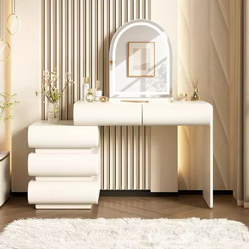 Modern Leather Upholstered Makeup Vanity Table with LED Lighted Mirror and 5 Drawers