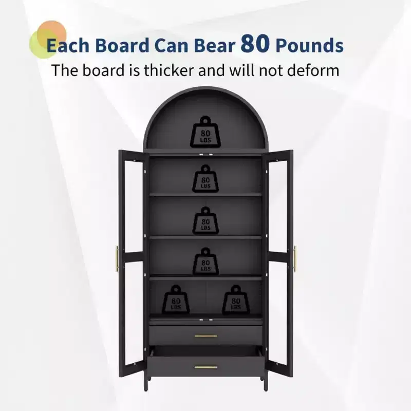 55 Arched Pantry Cabinet with Glass Doors - 2 Drawers & Adjustable Shelves for Kitchen or Living Room