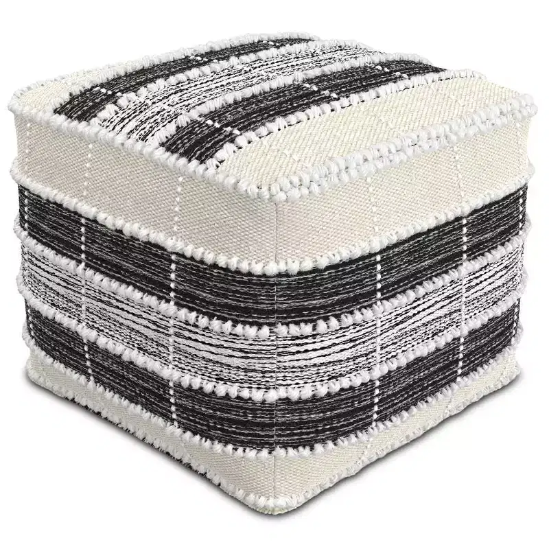 Square Woven Pouf - White/Beige/Black, Indoor/Outdoor, UV Resistant, 250lb Capacity
