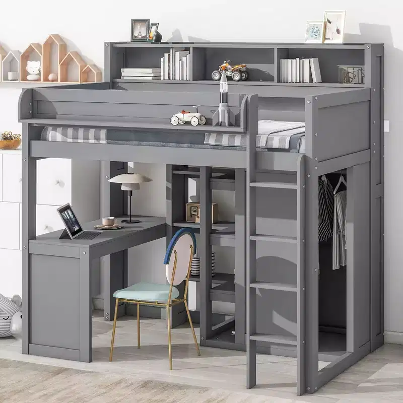 Whisen 77.16''L x 48.5''W Wood Twin Size Loft bed with Multiple Storage Shelves and Wardrobe, Ample Storage Space