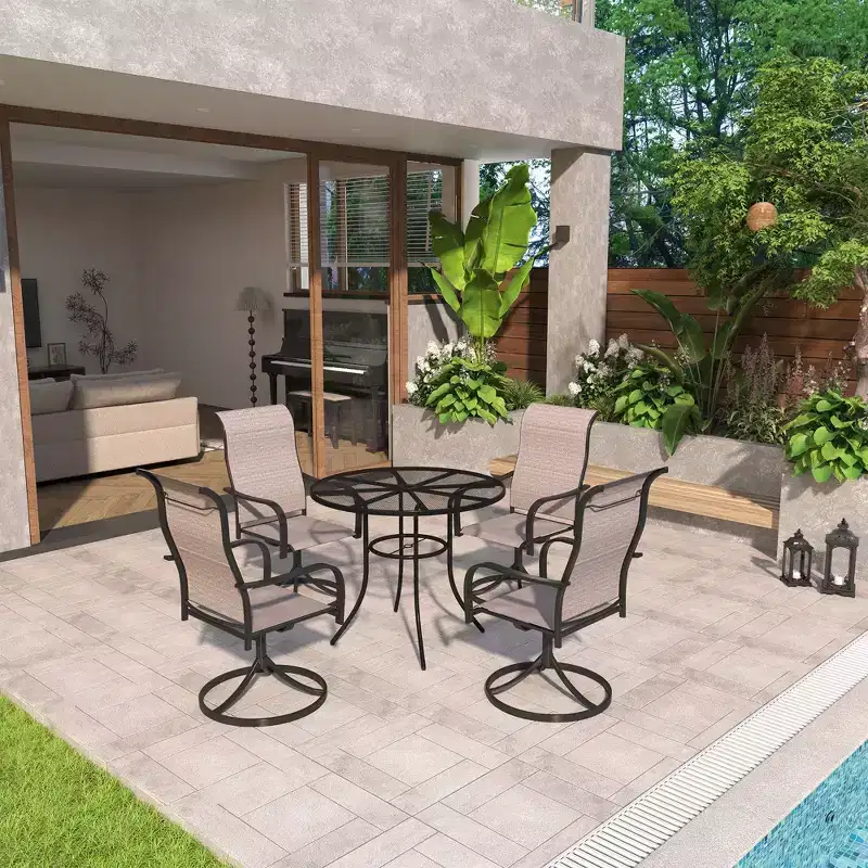 Mondawe 5-Piece Outdoor Dining Set With 4 Swivel Chairs & 1 Steel Mesh Circle Table With Umbrella Hole