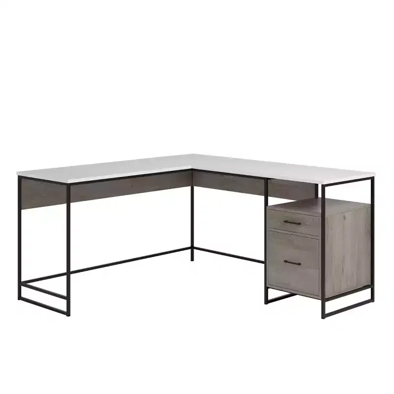 GDFStudio Rowan 59 Wood and Metal L-Shaped Office Desk with File Storage Drawer