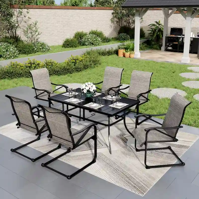 7 Pieces Patio Dining Set, 6 x C Spring Motion Chairs Textilene and 1 Metal Table with 2.6 Umbrella Hole