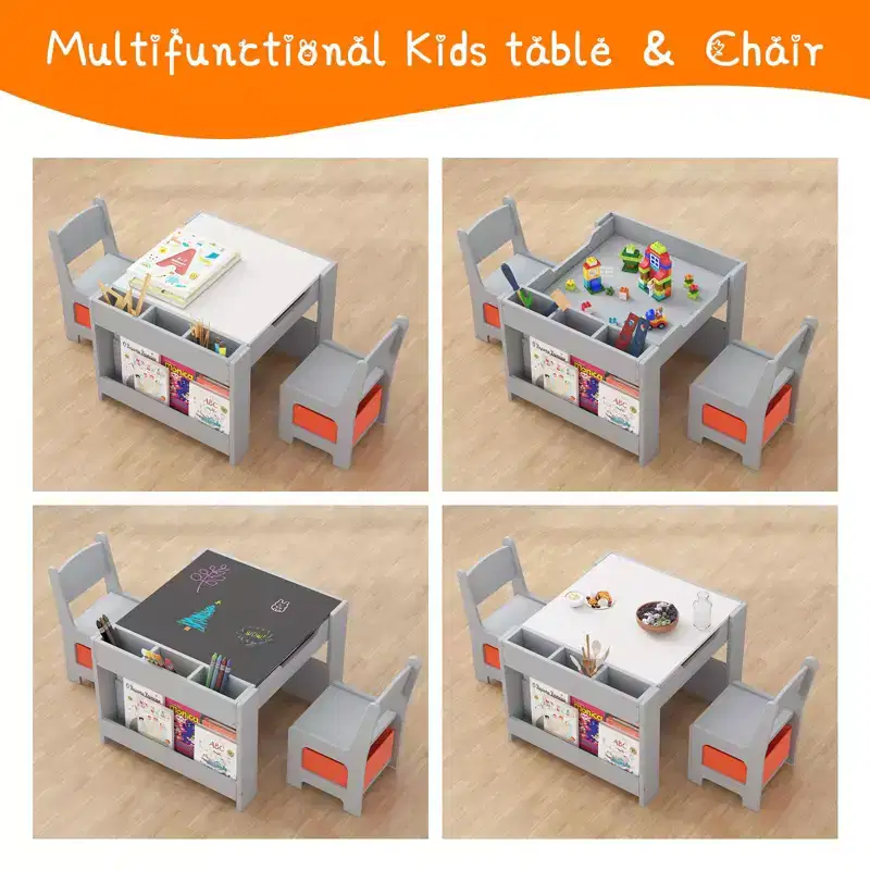 Kids Table and Chair Set, 4 in 1 Wooden Activity Table & 2 Chairs with Storage Drawer Detachable Tabletop for Toddlers Kids Drawing, Reading, Crafts
