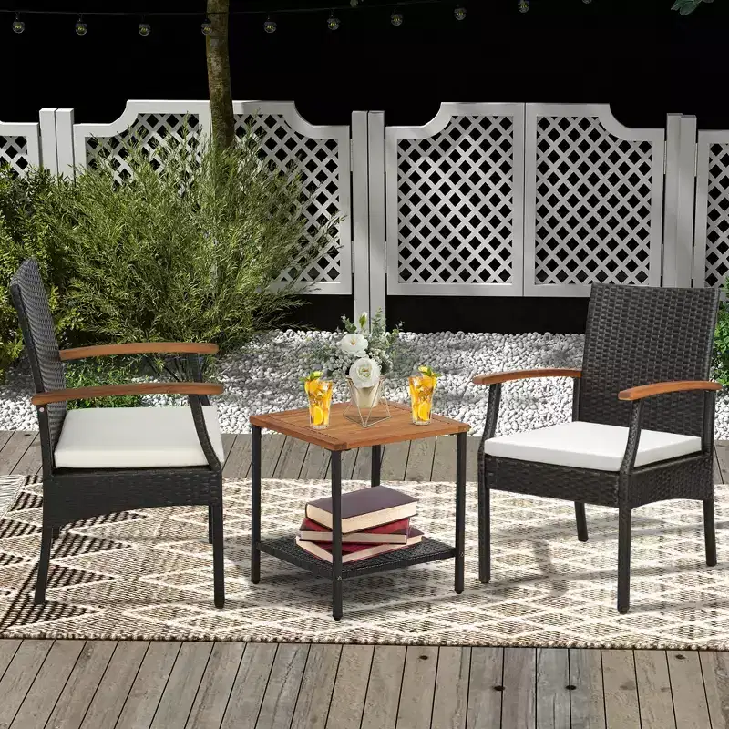 Costway Patio PE Wicker Chairs Acacia Wood Armrests with Soft Zippered Cushion Balcony