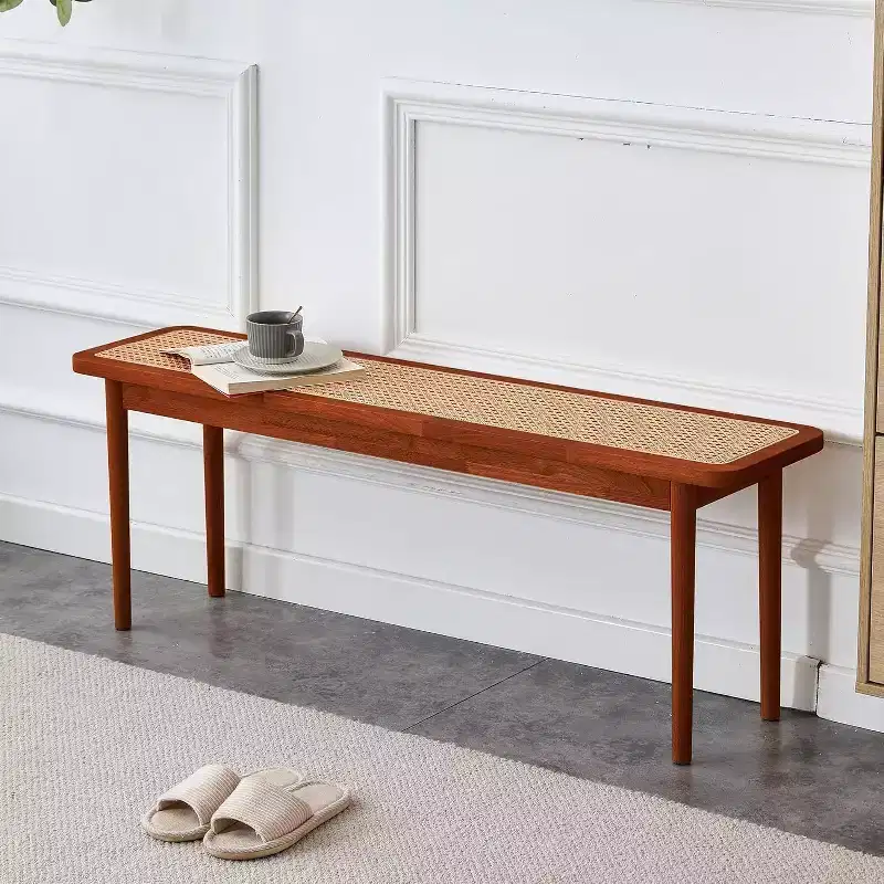 Acekool 47 Pure Wood Entryway Bench with Rattan Surface, Rounded Corners, Sturdy Frame for Living Room, Bedroom, Hallway, Walnut Finish